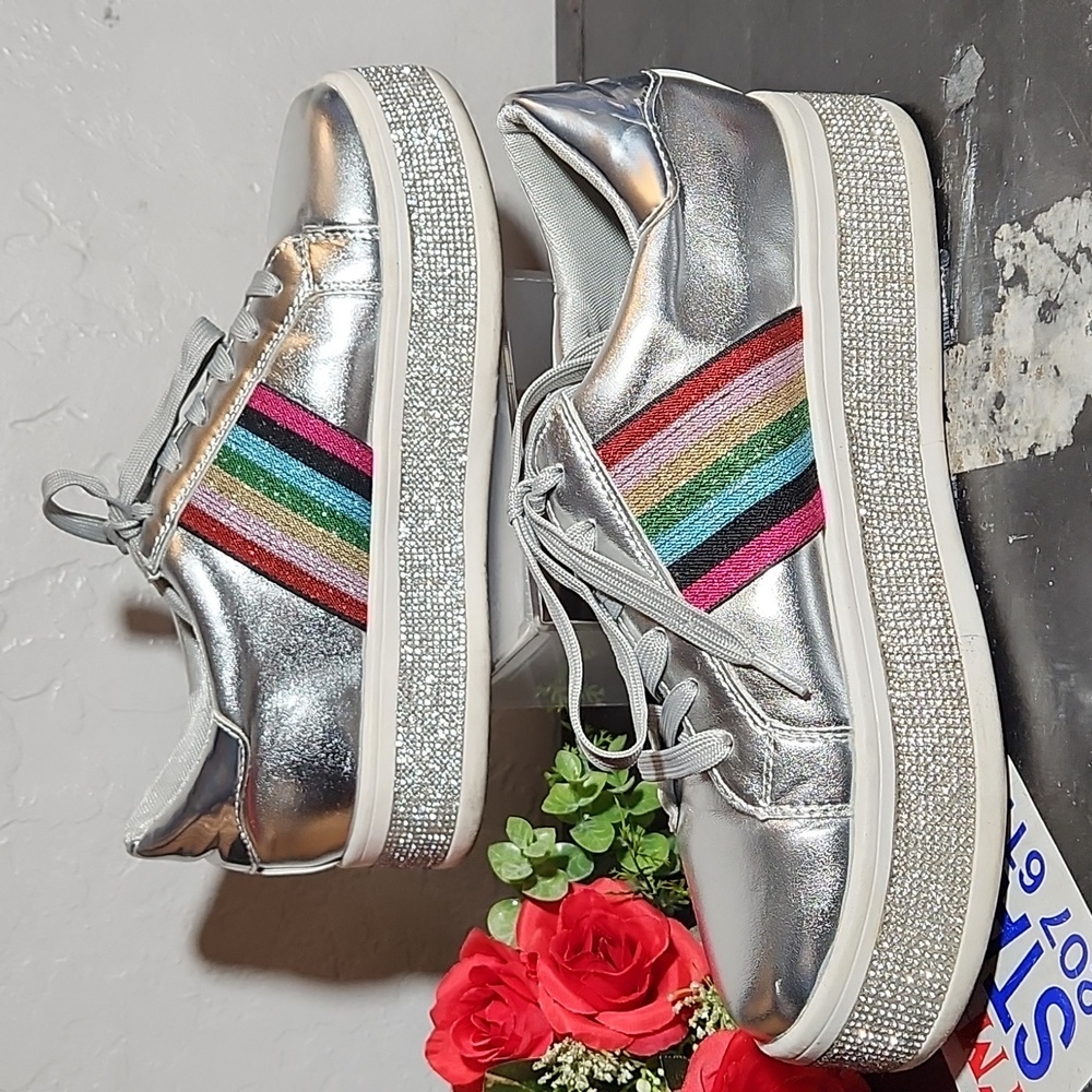PAZZLE Color Panel Toe Lace-Up Rhinestone Flatform Sneaker 18981 - Picture 4 of 11